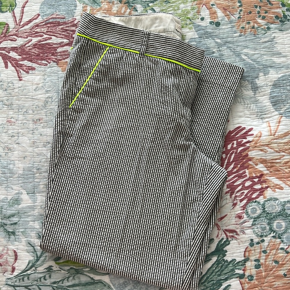 J. Crew Black and White Striped Cropped Pants with Neon Trim